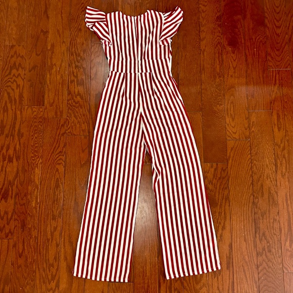 NWT red and white striped jumpsuit flutter cap sleeves bow cute sailor nautical - Picture 5 of 7